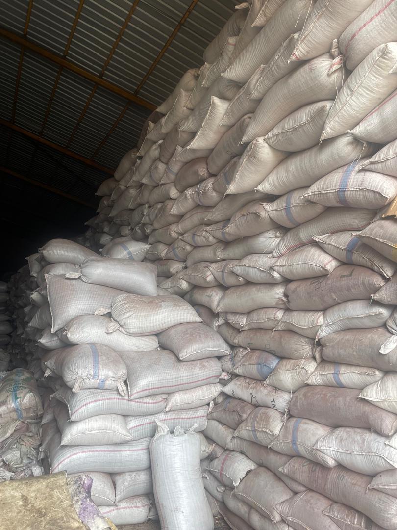 Bagged commodity stock stacked in the warehouse